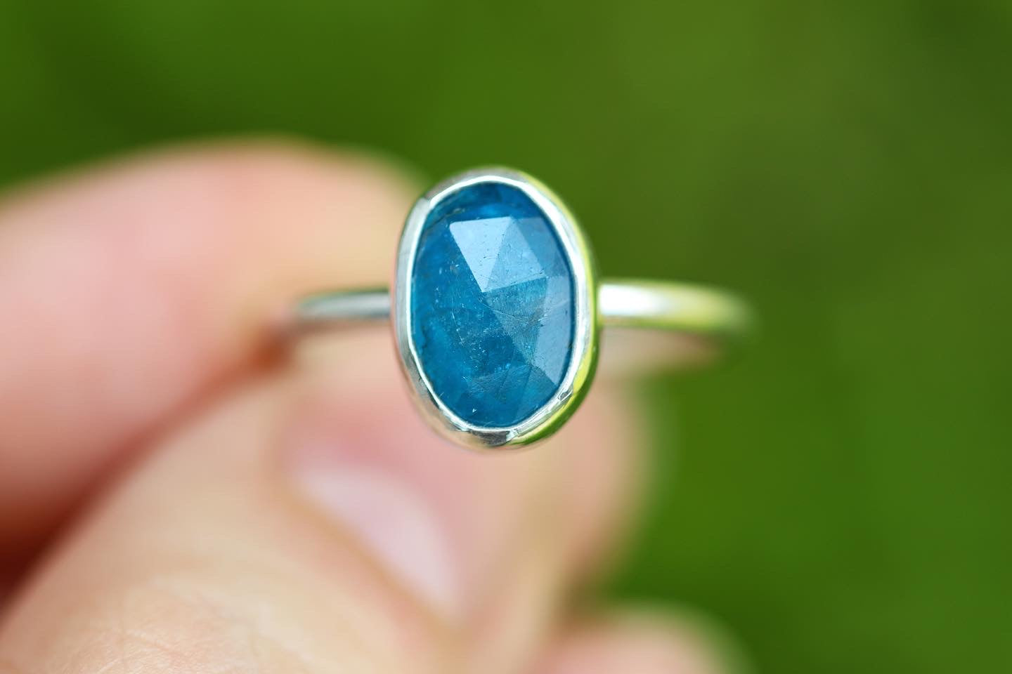 Sterling silver rose cut blue apatite ring US size 7.5