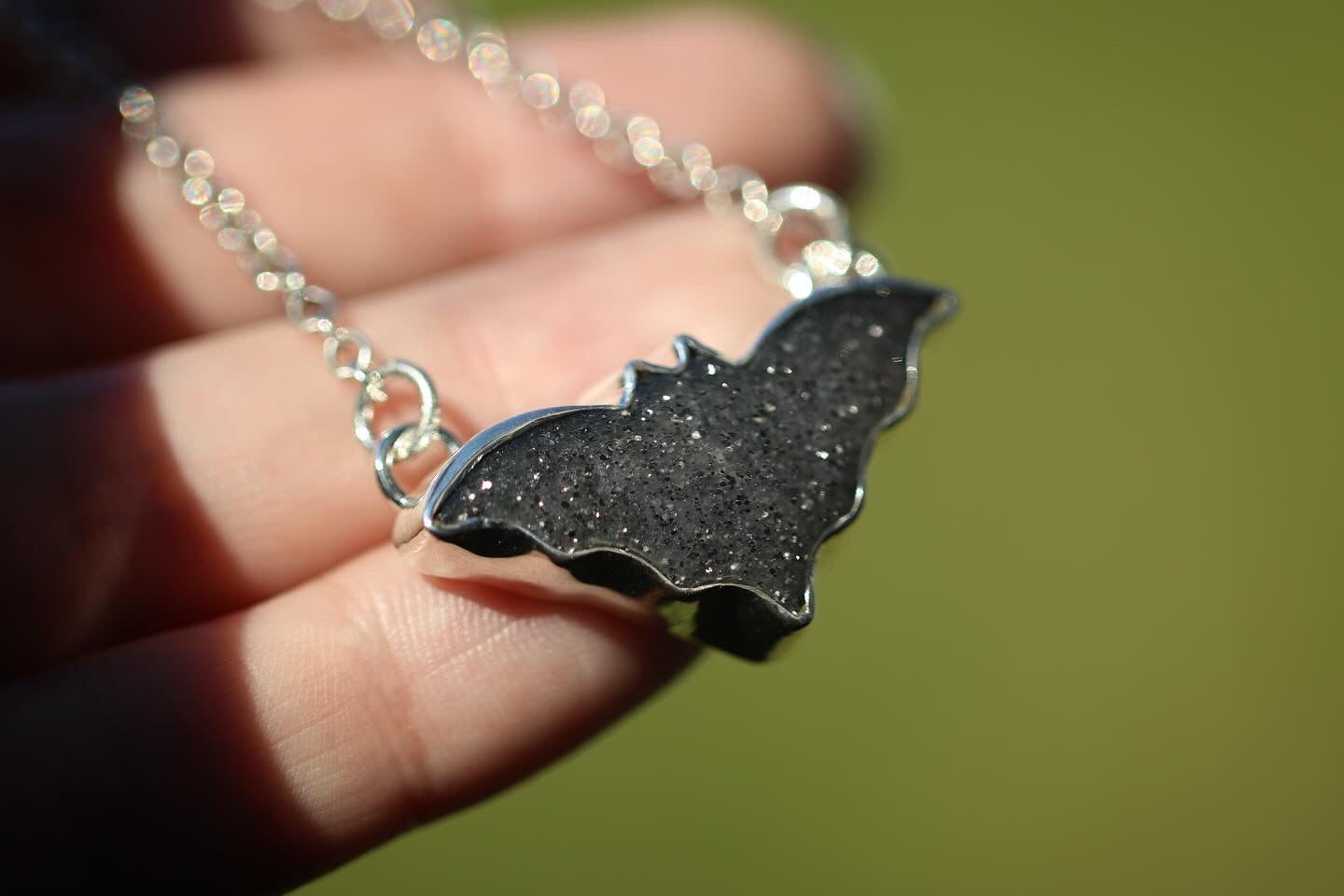 Sterling silver midnight quartz bat choker necklace