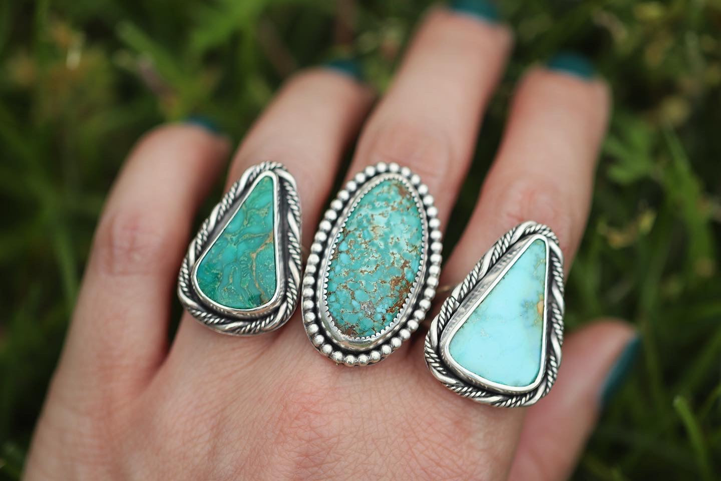 Sterling silver natural green Kingman turquoise ring US size 6.5