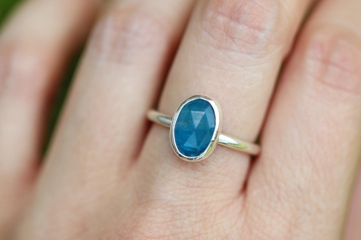 Sterling silver rose cut blue apatite ring US size 7.5