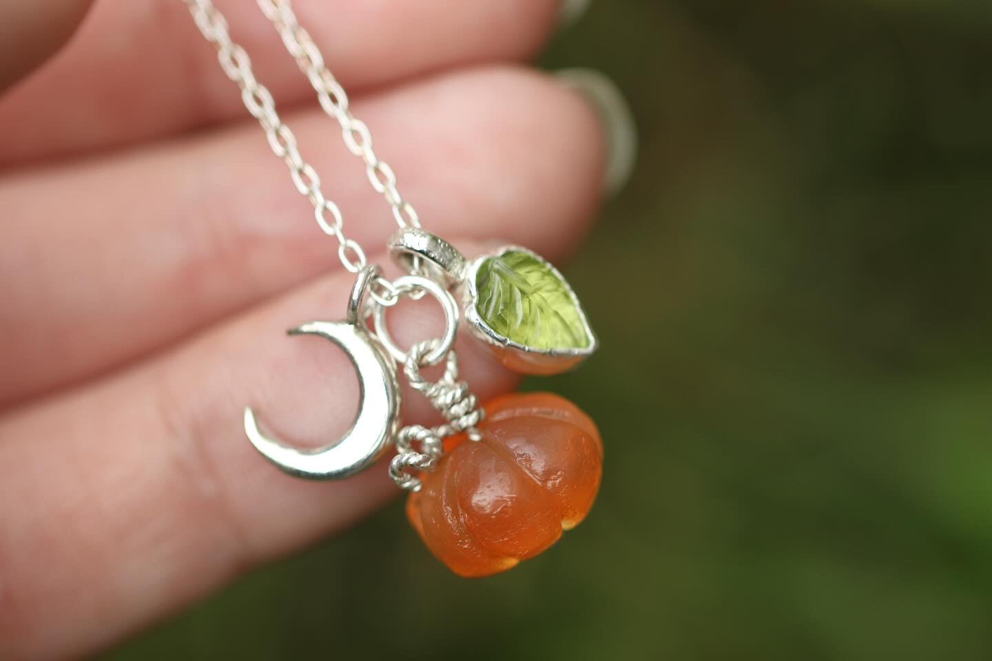 Sterling silver moon, leaf and pumpkin charm necklace