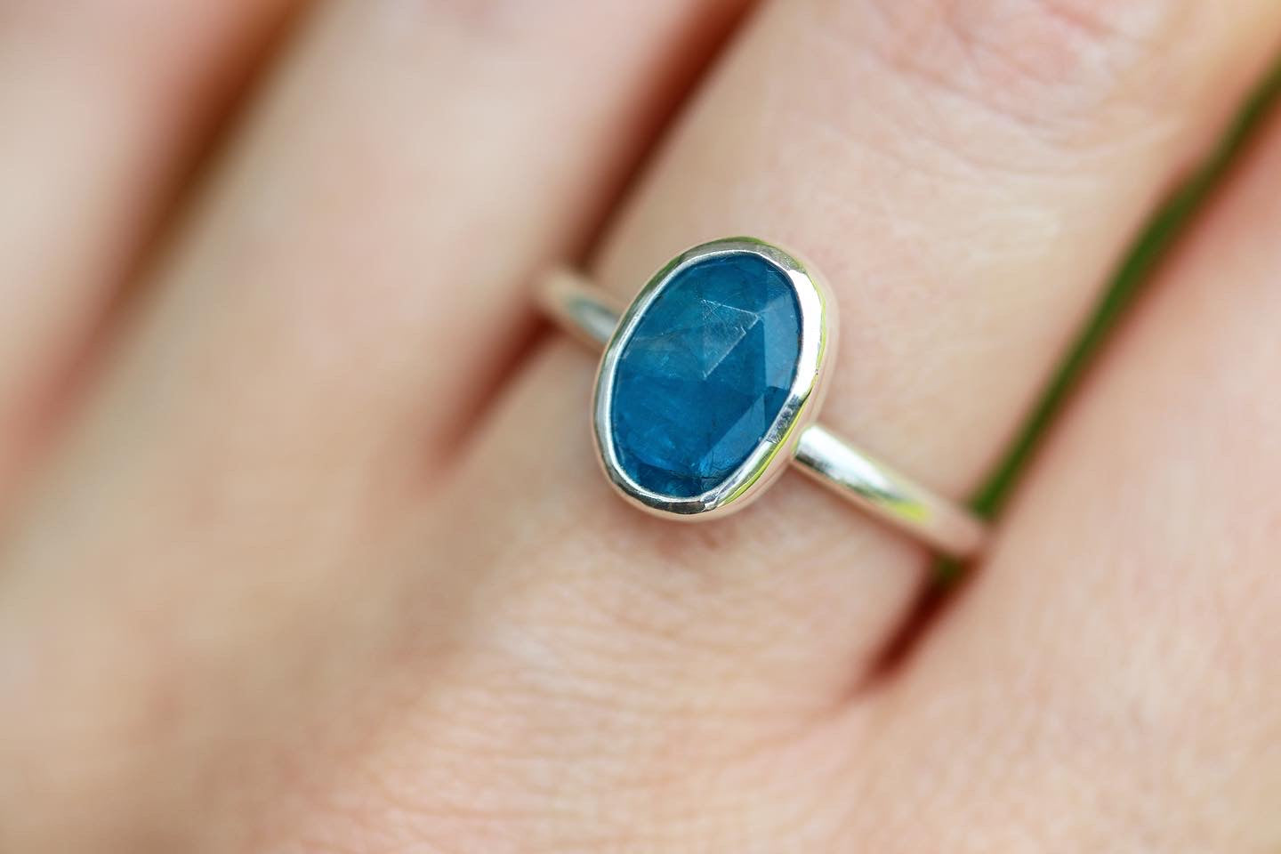 Sterling silver rose cut blue apatite ring US size 7.5