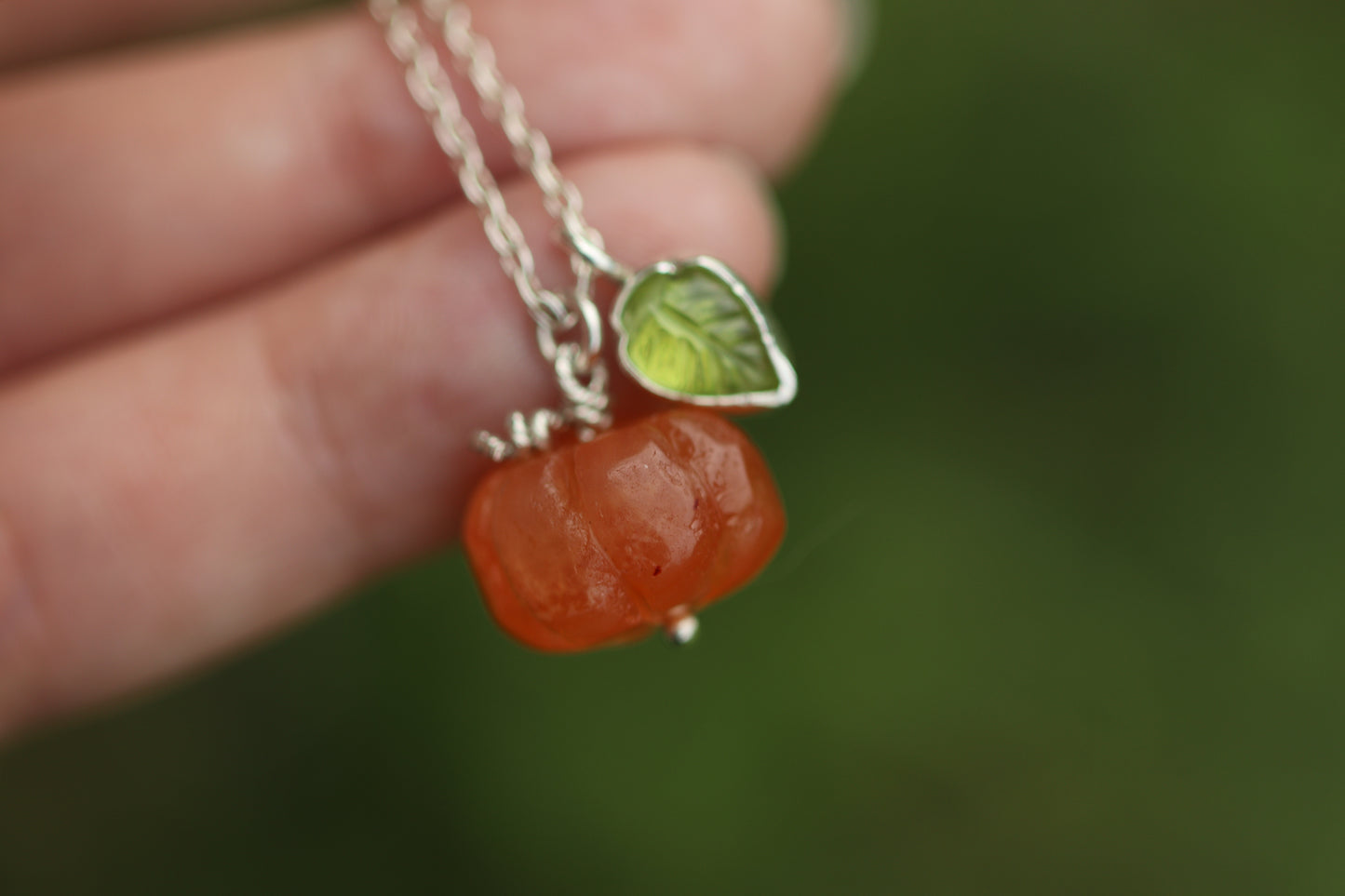 Sterling silver mini pumpkin and peridot leaf necklace