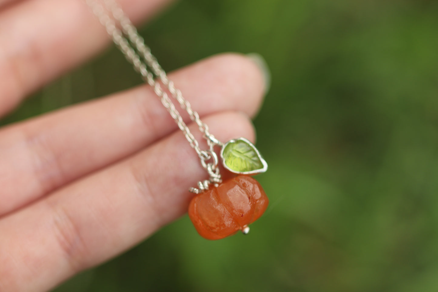 Sterling silver mini pumpkin and peridot leaf necklace