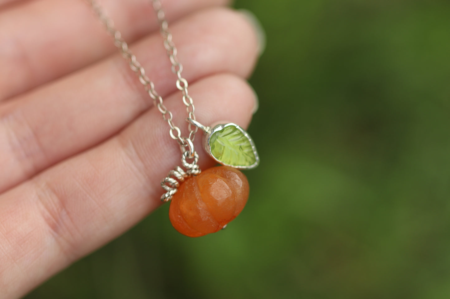Sterling silver mini pumpkin and peridot leaf necklace