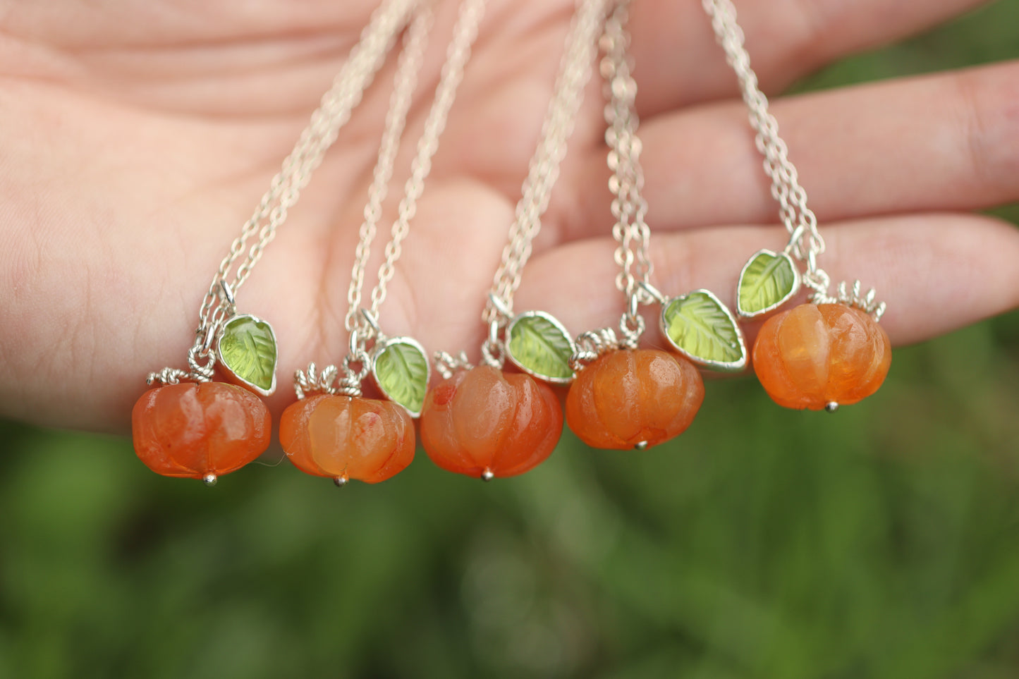 Sterling silver mini pumpkin and peridot leaf necklace