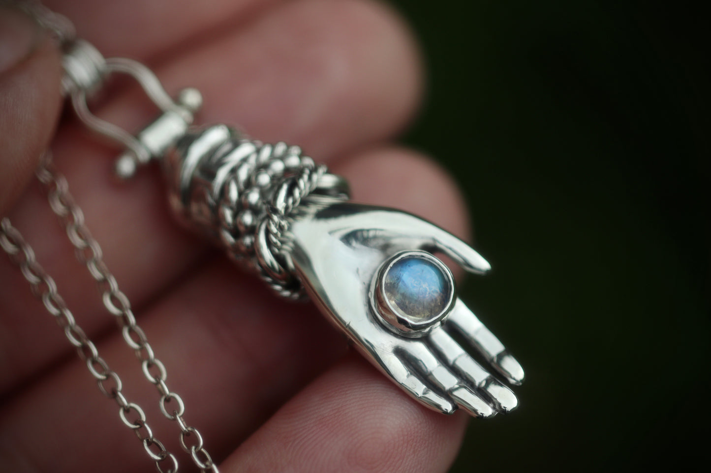 Sterling silver moonstone boho hand necklace