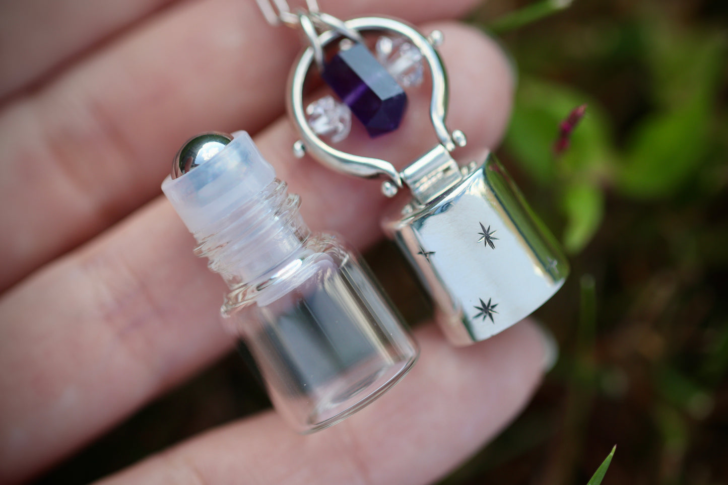 Herkimer diamond and amethyst cast sterling silver essential oil necklace