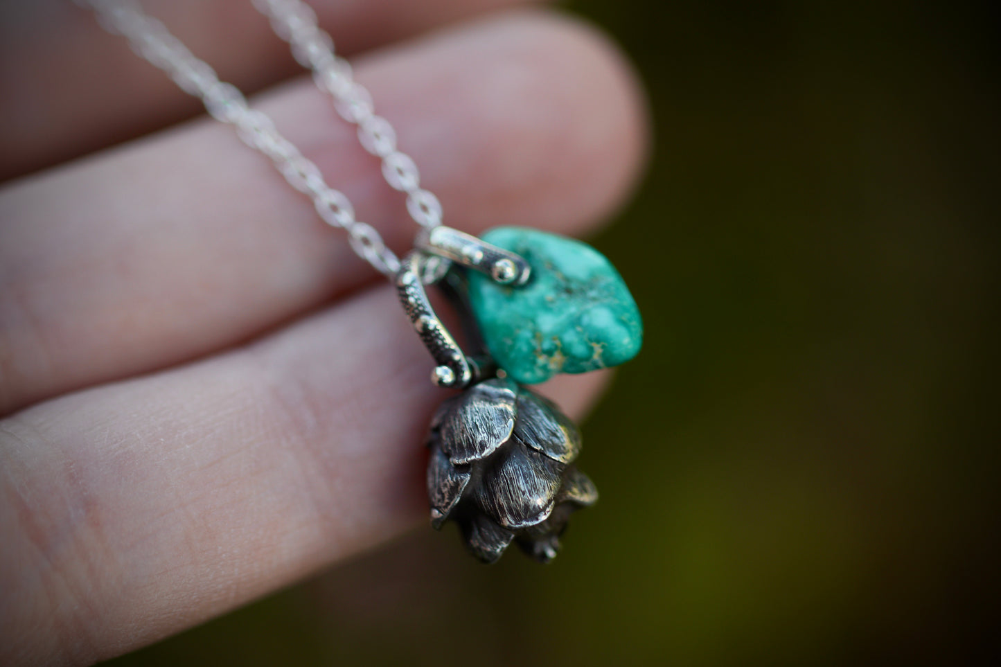 Sterling silver turquoise hemlock cone necklace