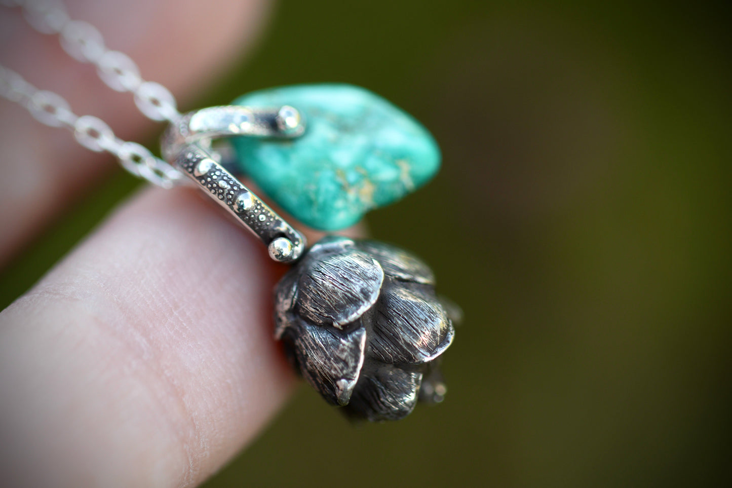 Sterling silver turquoise hemlock cone necklace