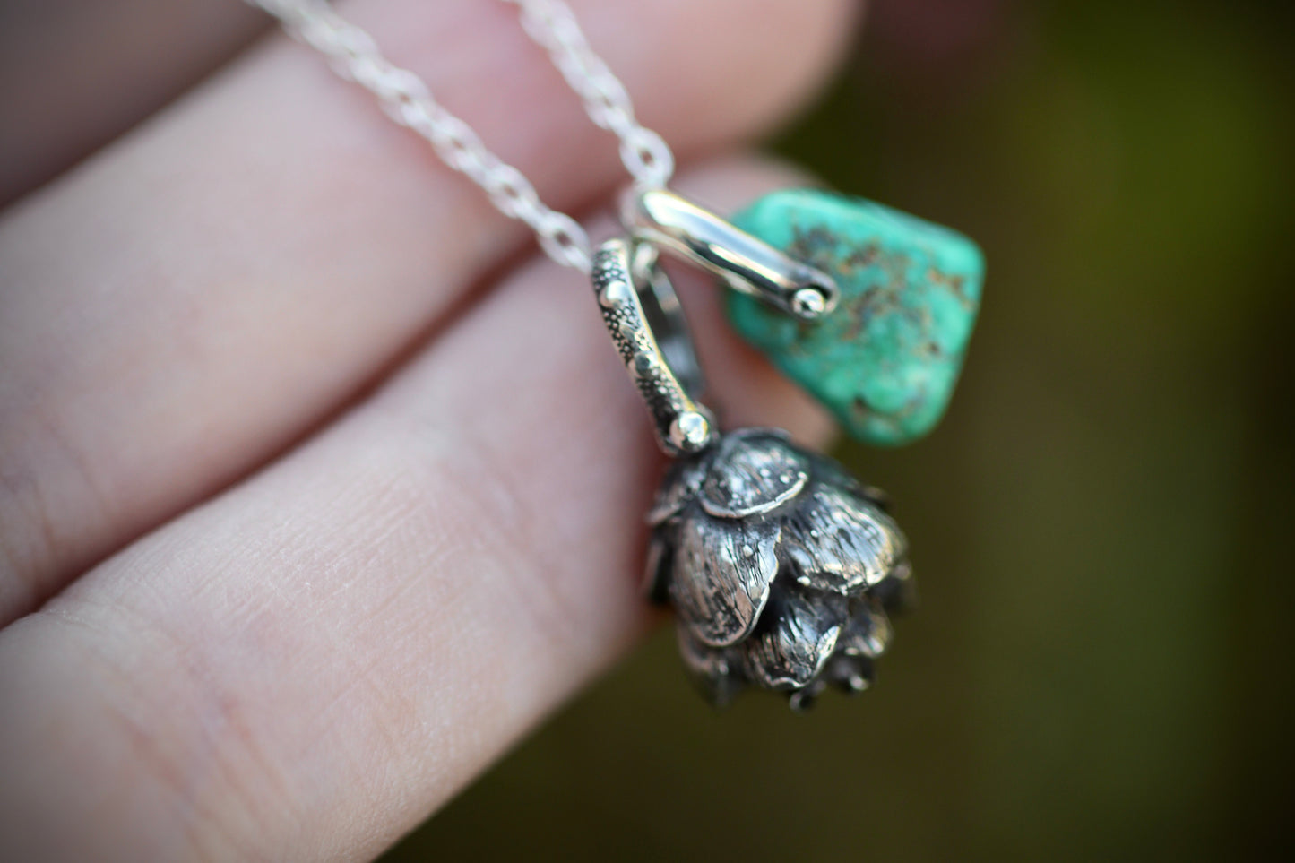 Sterling silver turquoise hemlock cone necklace