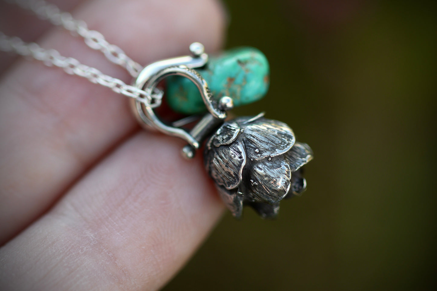 Sterling silver turquoise hemlock cone necklace