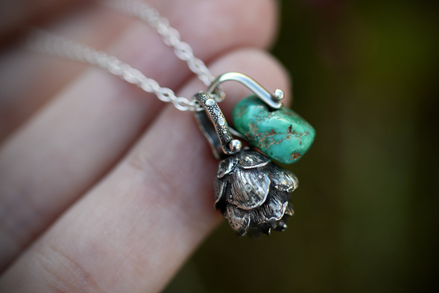 Sterling silver turquoise hemlock cone necklace