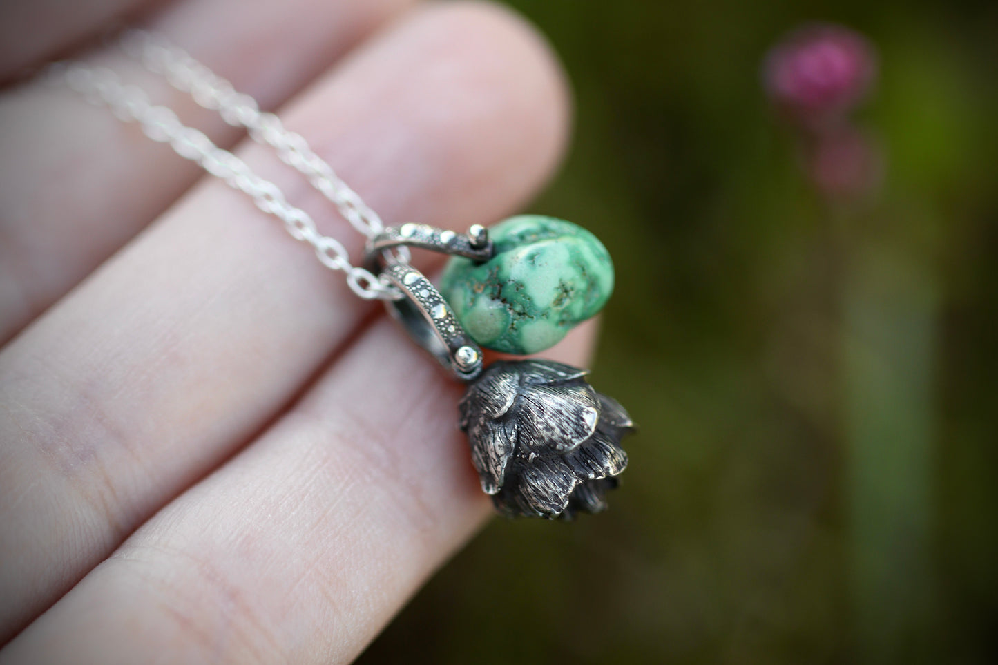 Sterling silver turquoise hemlock cone necklace
