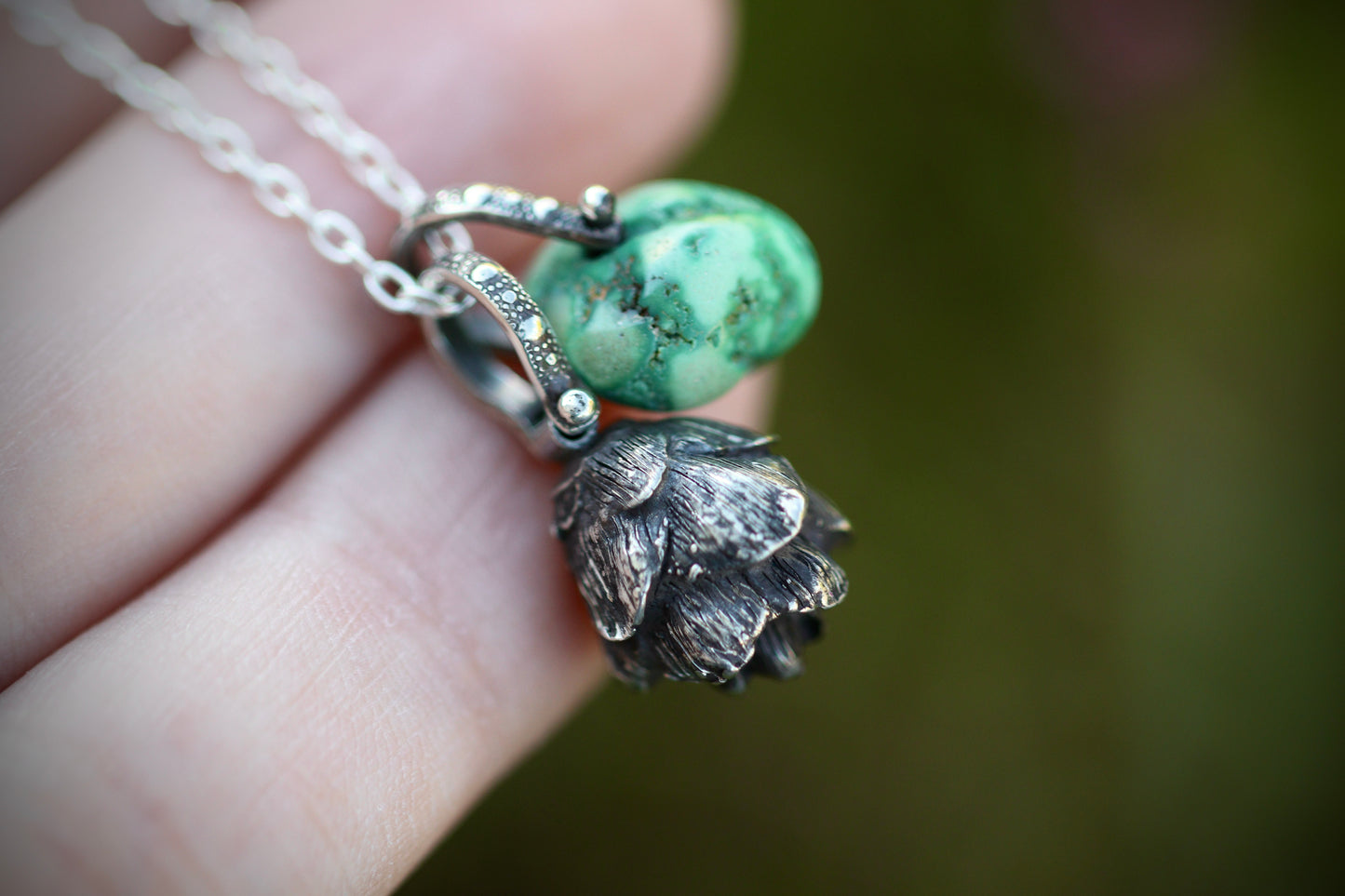 Sterling silver turquoise hemlock cone necklace