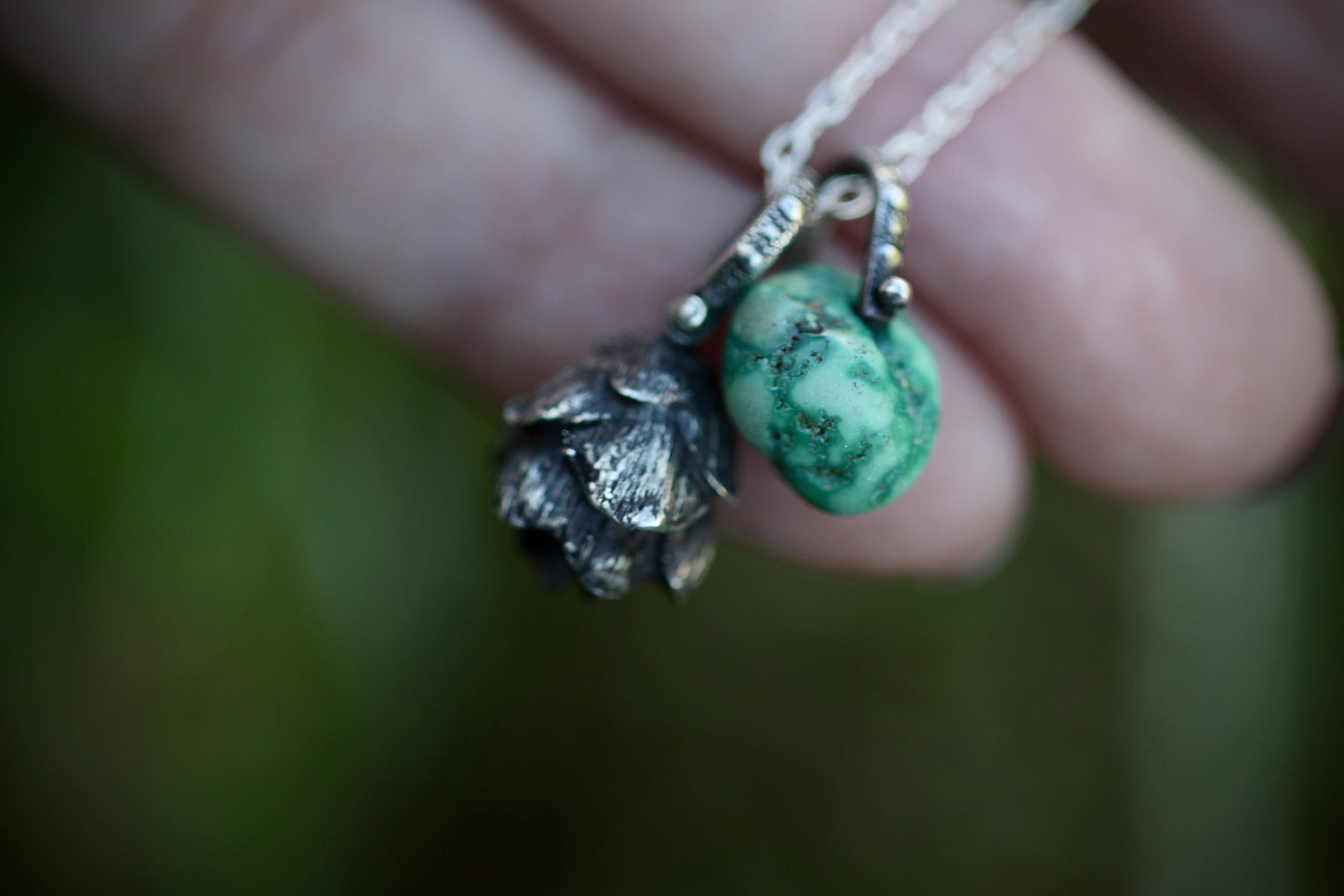 Sterling silver turquoise hemlock cone necklace