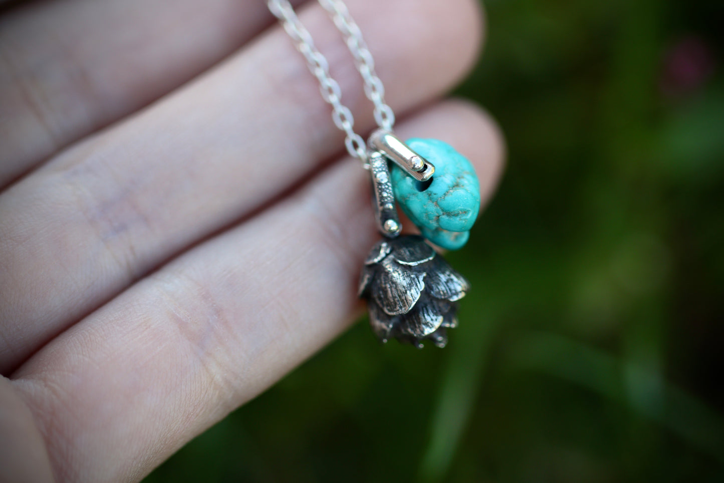 Sterling silver turquoise hemlock cone necklace