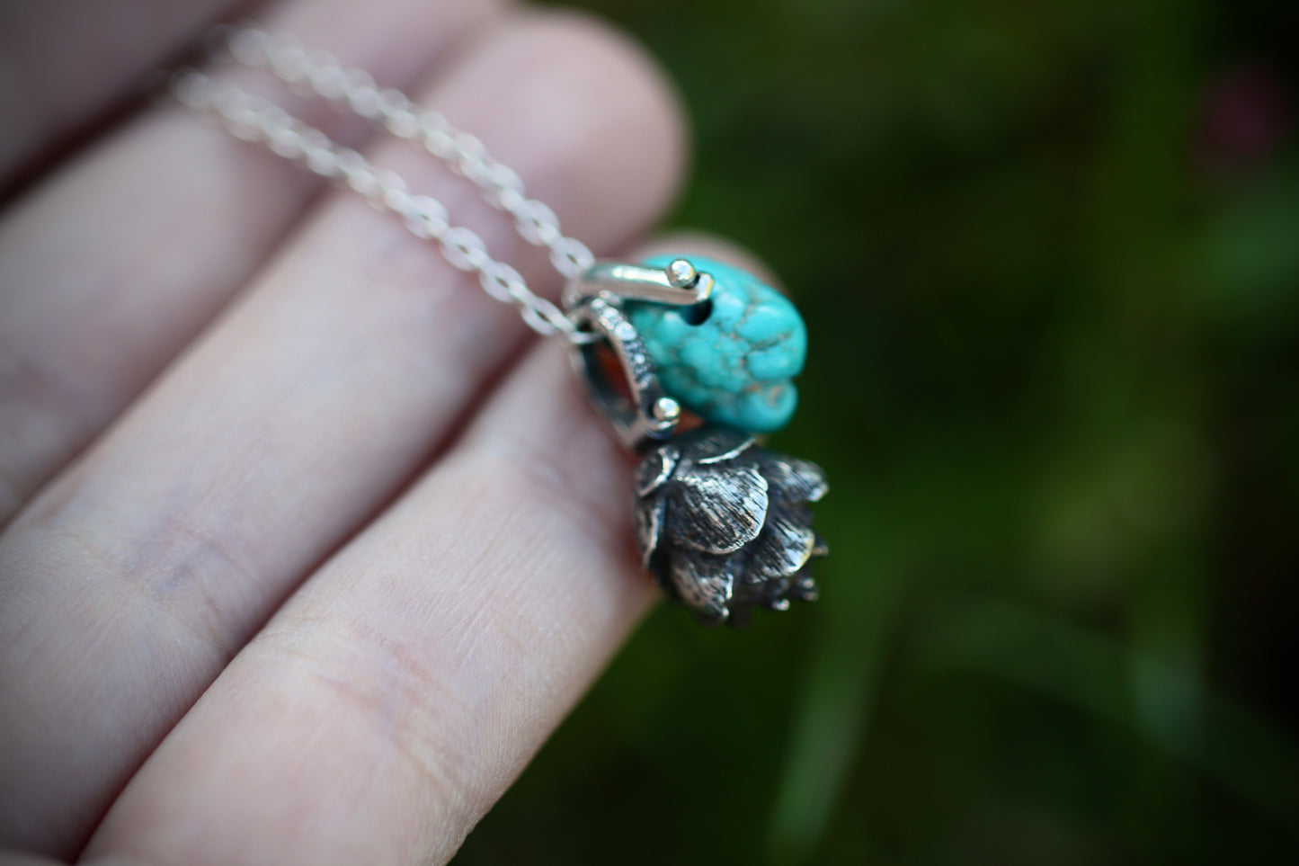 Sterling silver turquoise hemlock cone necklace