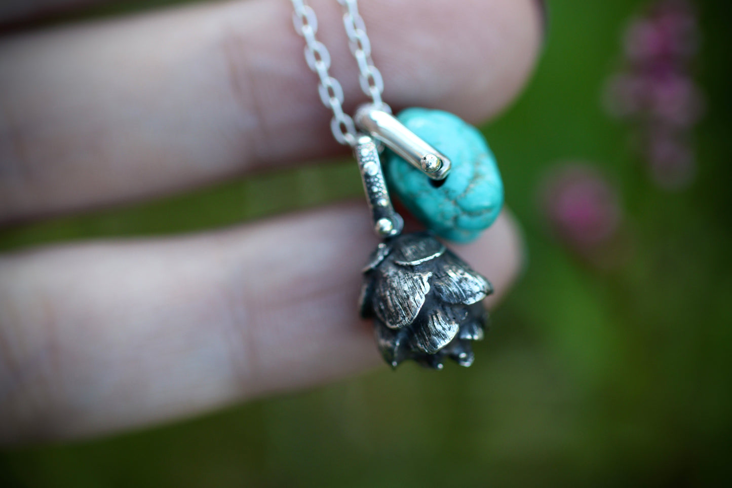 Sterling silver turquoise hemlock cone necklace