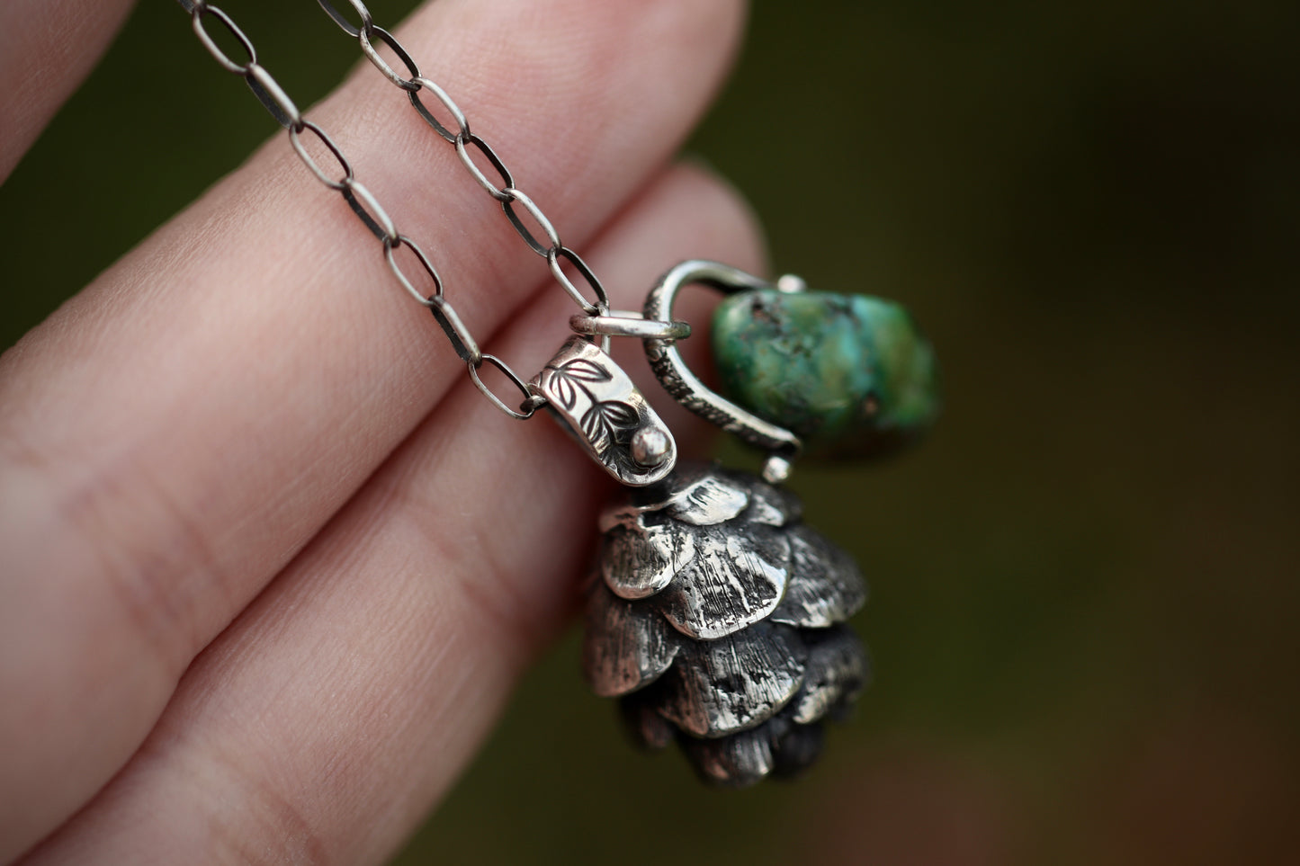 Large sterling silver turquoise hemlock cone necklace