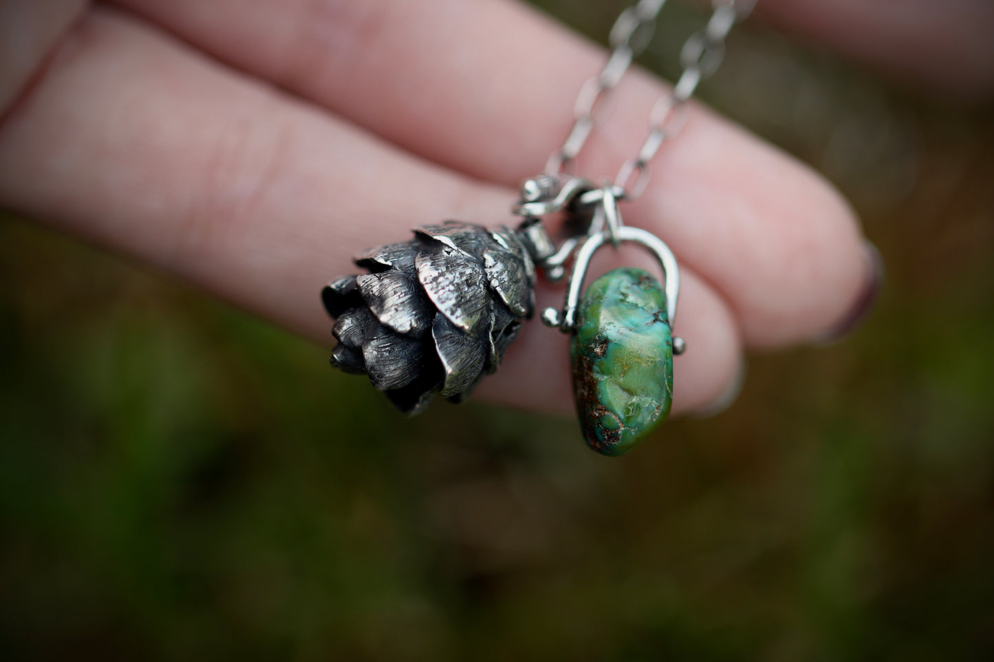 Large sterling silver turquoise hemlock cone necklace