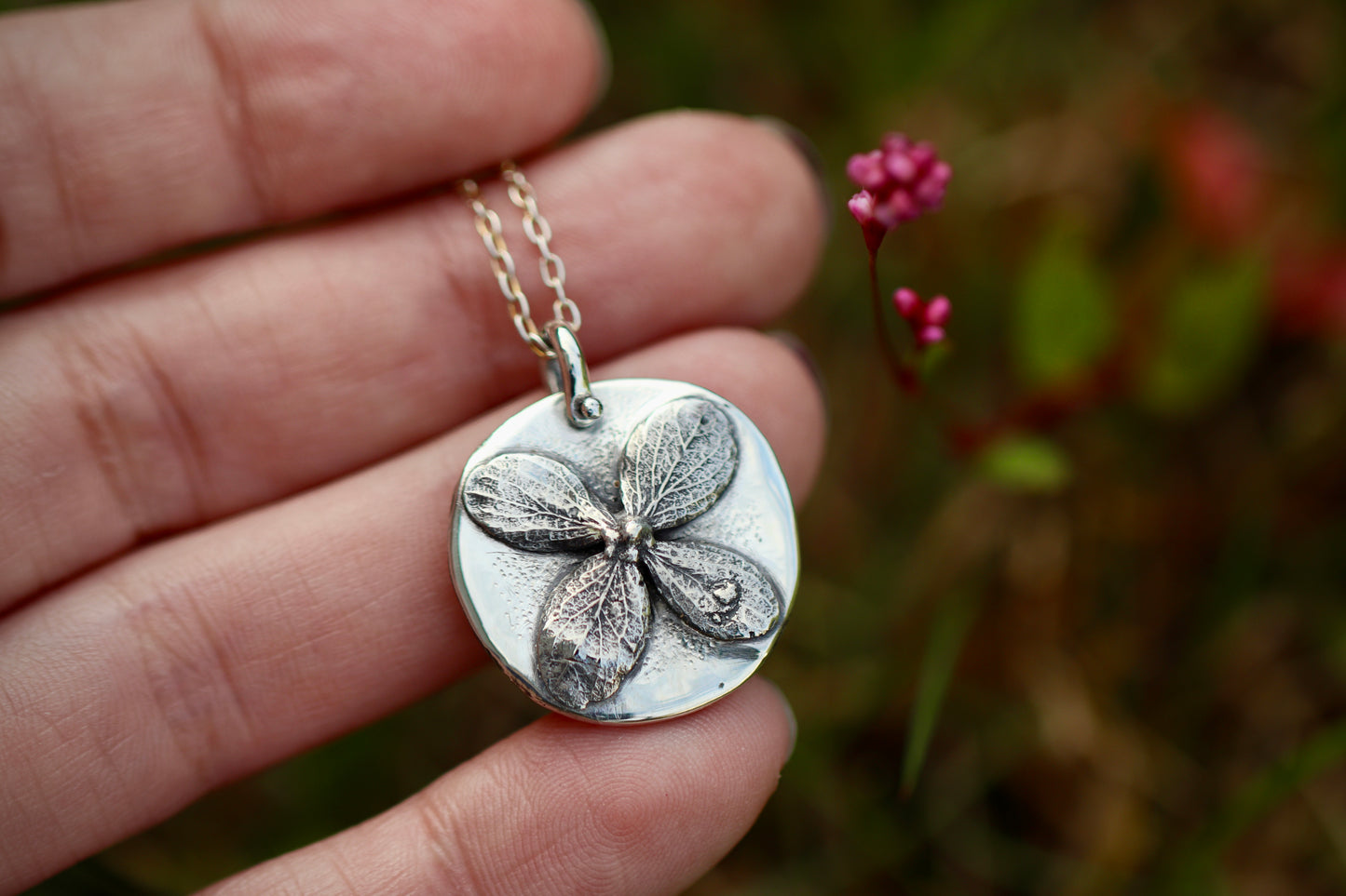 Sterling silver hydrangea coin necklace