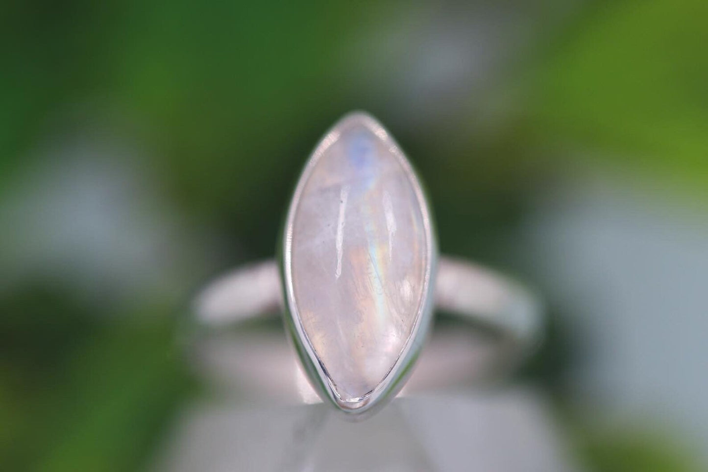 Sterling silver marquee rainbow moonstone ring US size 5