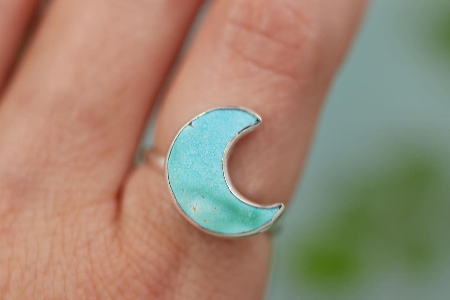 Natural Blue gem turquoise moon ring US size 7.5