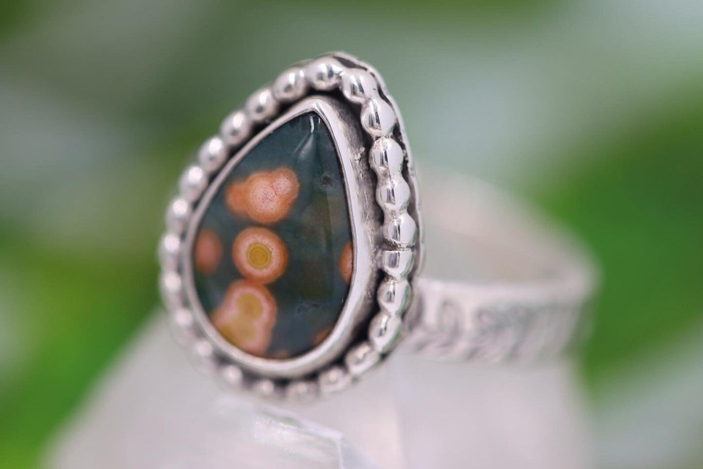 Sterling silver leafy vine ocean jasper ring US size 7