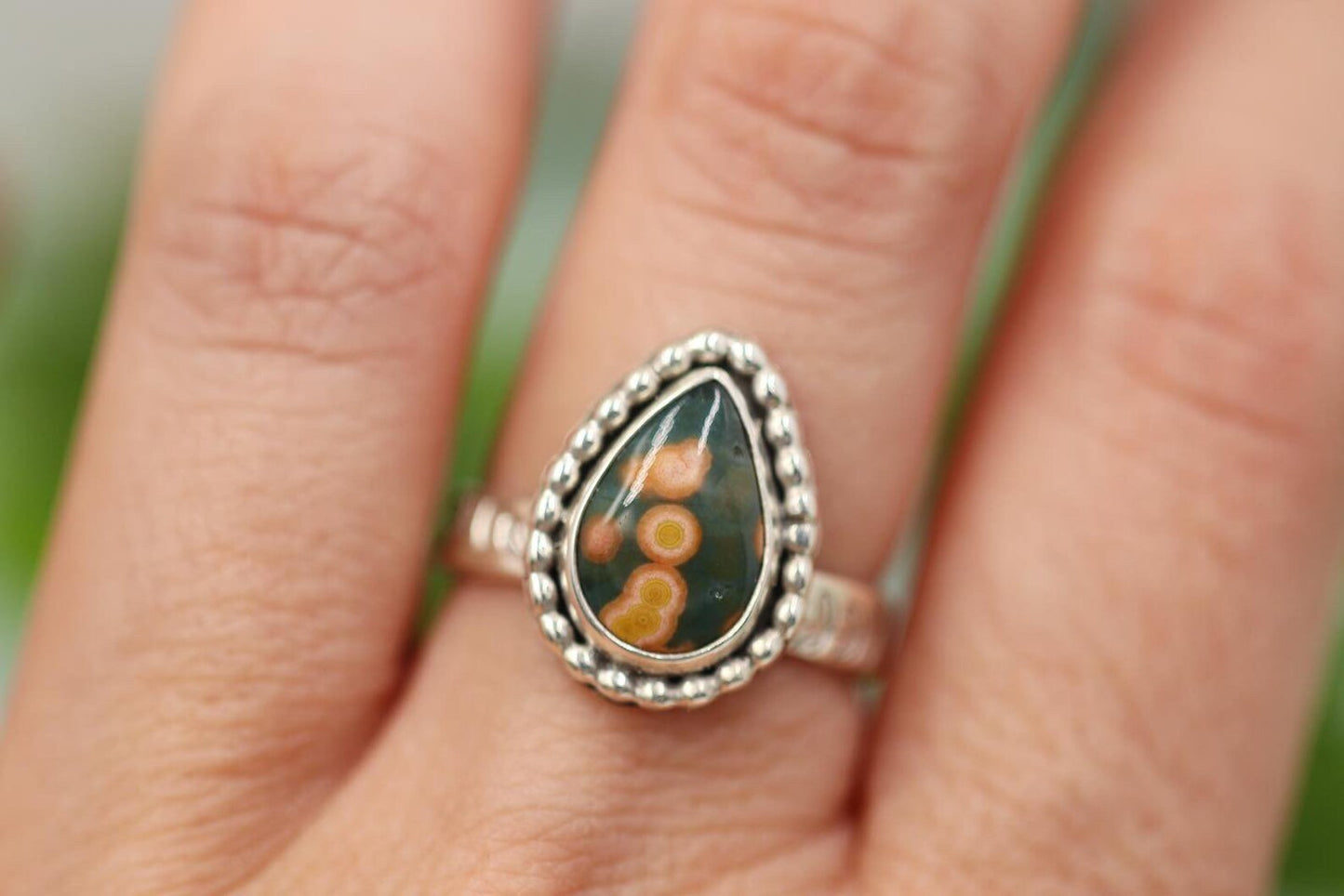 Sterling silver leafy vine ocean jasper ring US size 7