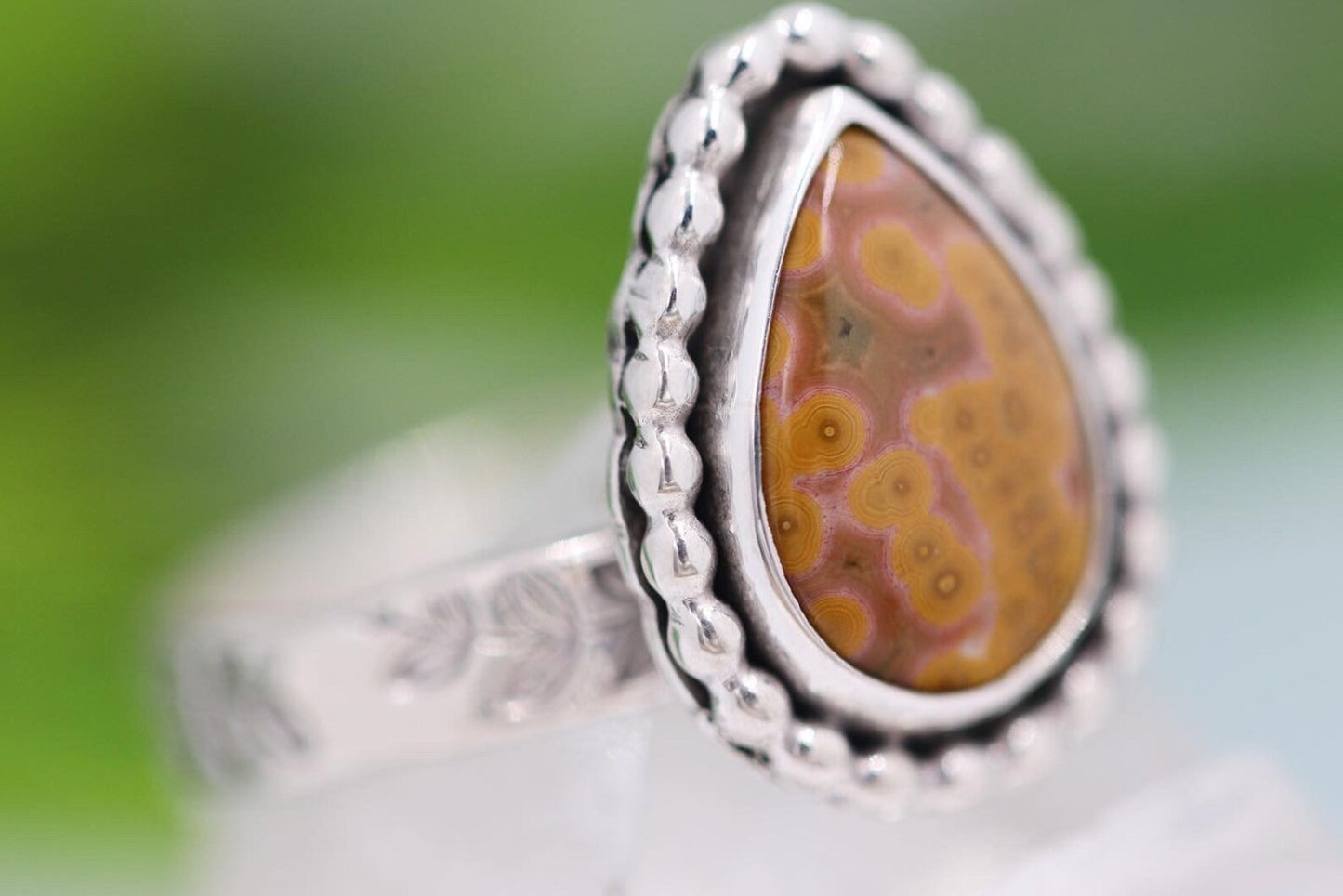 Sterling silver leafy vine ocean jasper ring US size 7.75