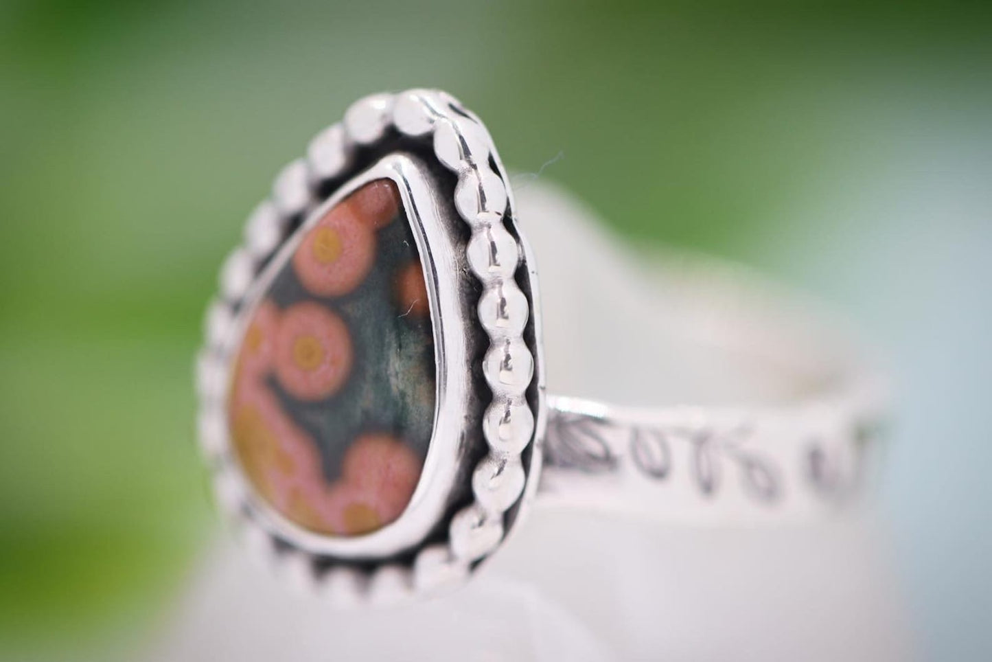 Sterling silver leafy vine ocean jasper ring US size 8.25