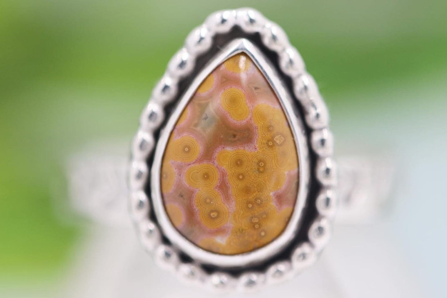 Sterling silver leafy vine ocean jasper ring US size 7.75