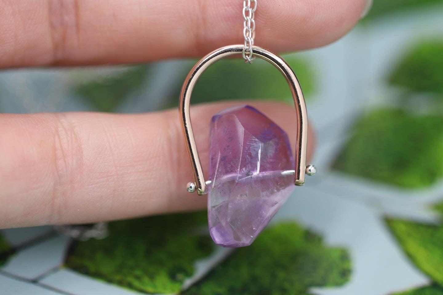 Brass and sterling silver starry night pinned amethyst necklace 10