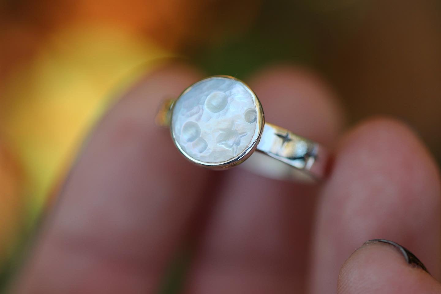 Sterling silver starry night pearl moon ring US 8