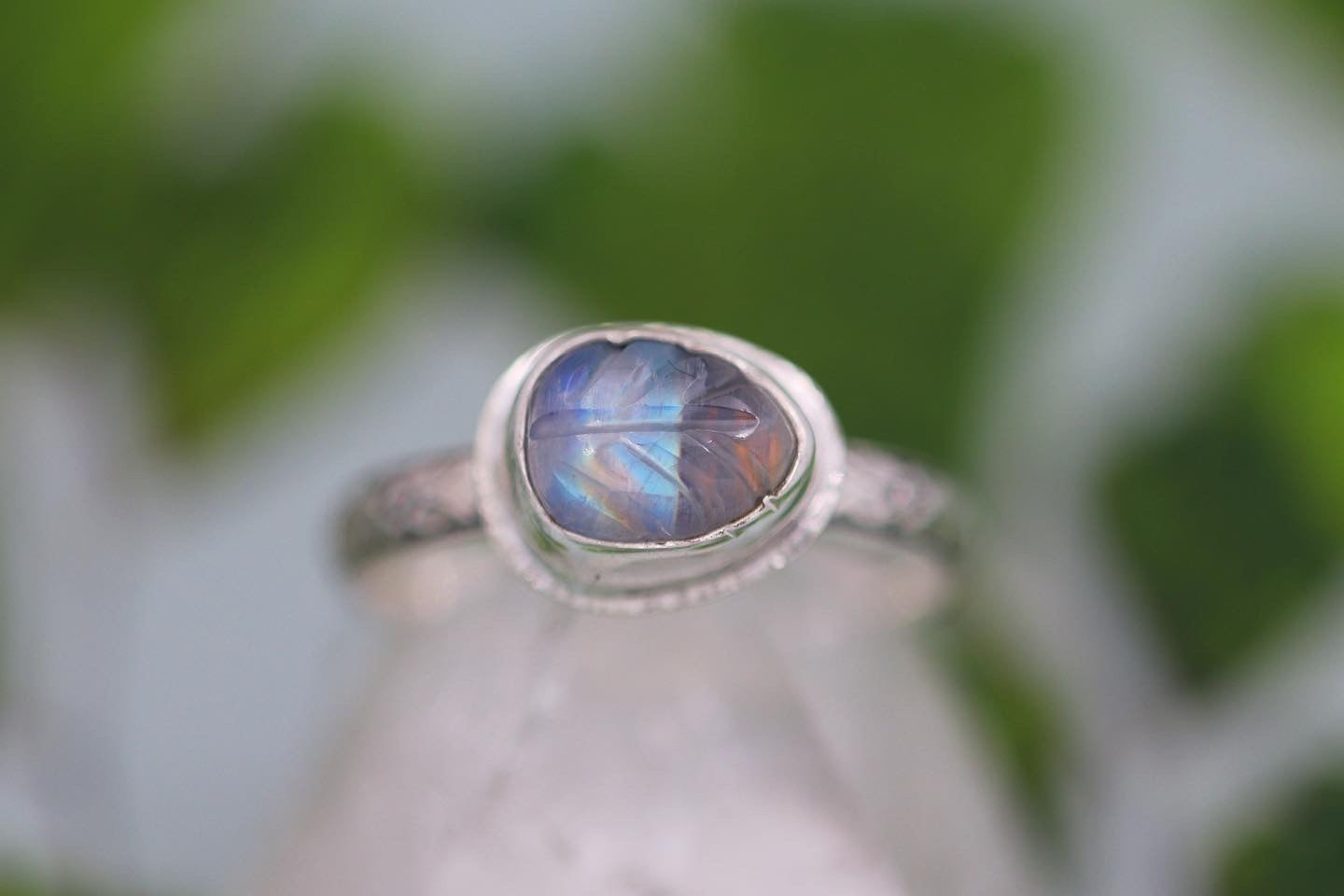 Carved rainbow moonstone leaf ring US size 7