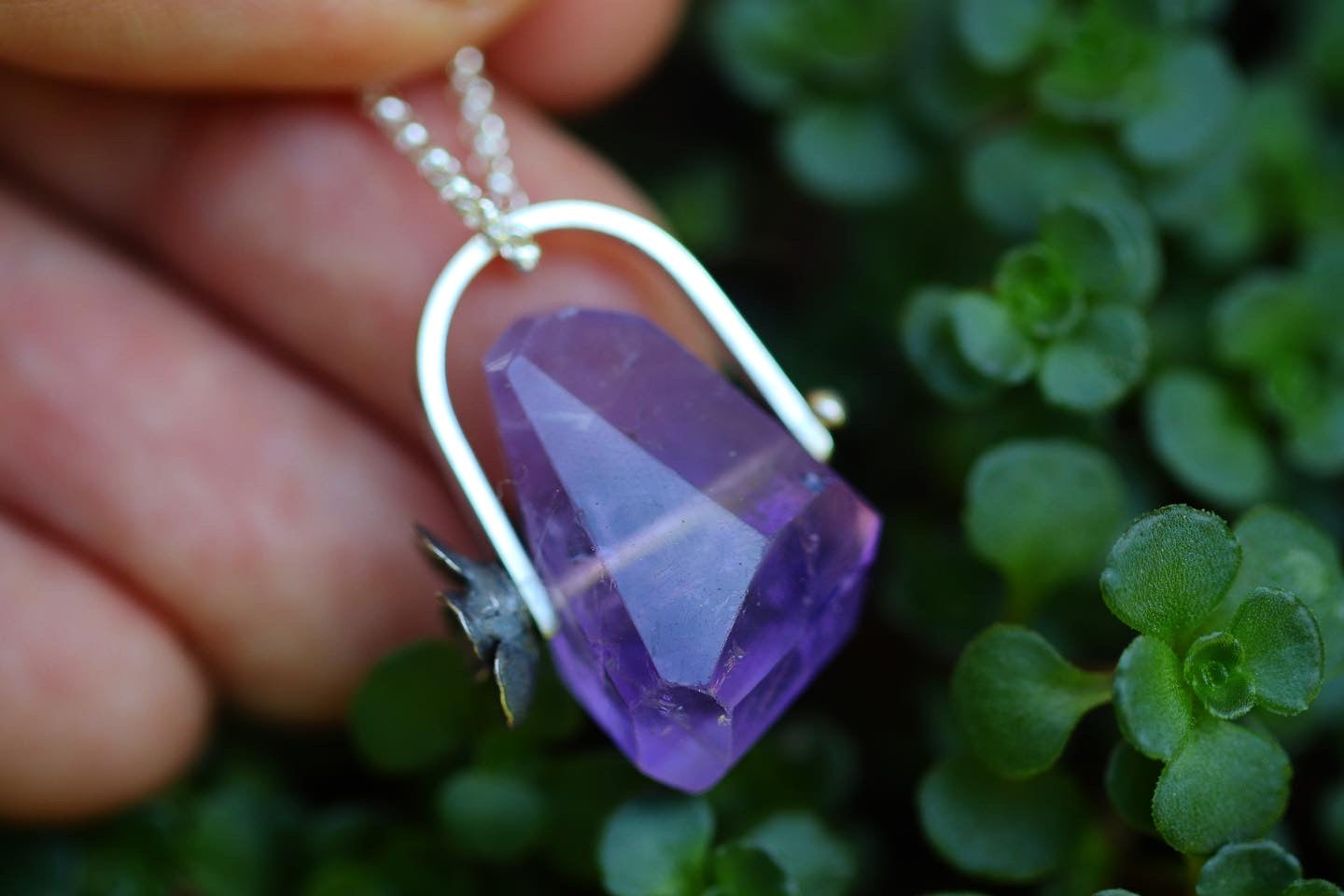 Pinned sterling silver succulent amethyst necklace