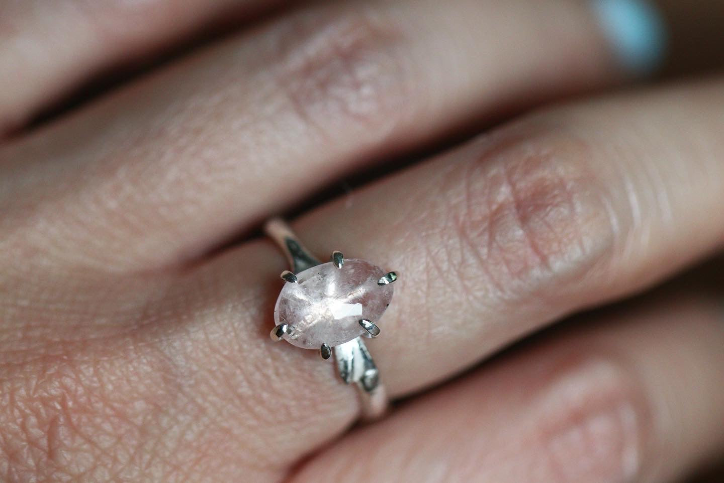 Sterling silver prong set morganite twig ring US size 7