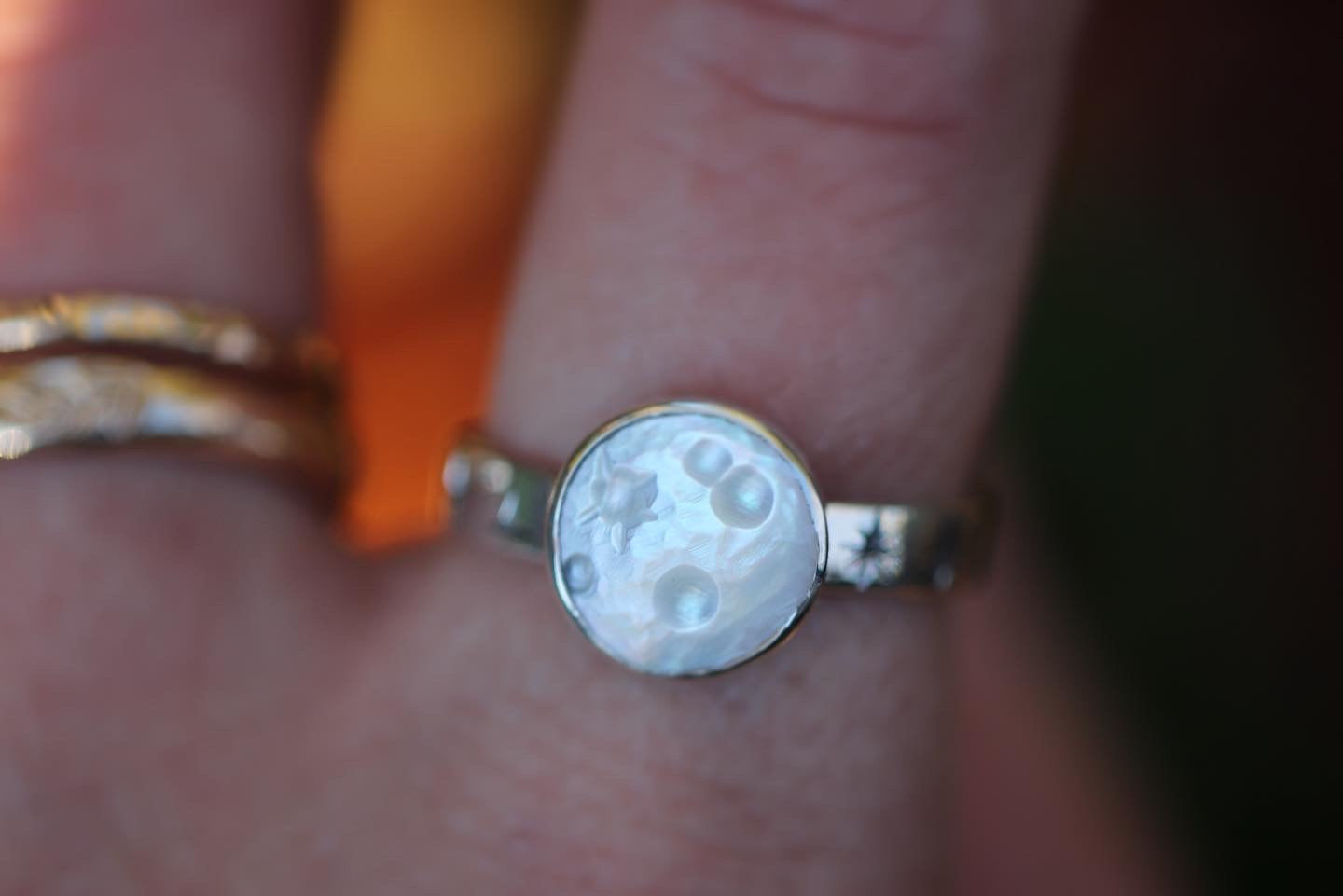 Sterling silver starry night pearl moon ring US 8