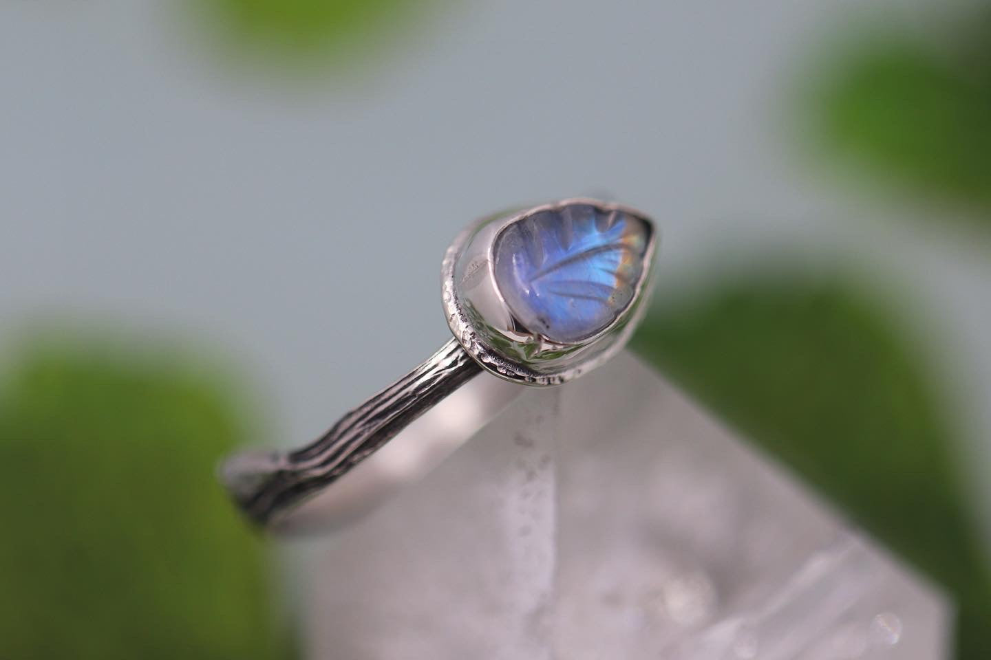 Carved rainbow moonstone leaf twig and succulent twig stacking ring set