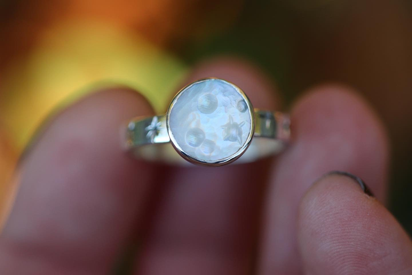 Sterling silver starry night pearl moon ring US 8