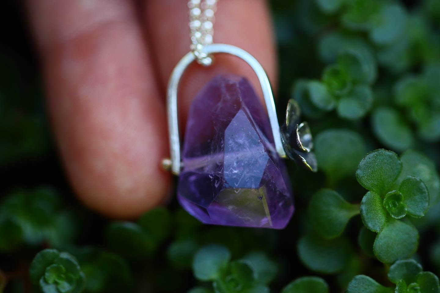 Pinned sterling silver succulent amethyst necklace