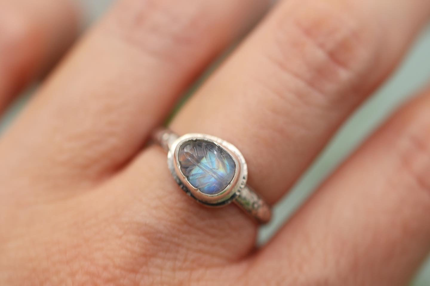 Carved rainbow moonstone leaf ring US size 7