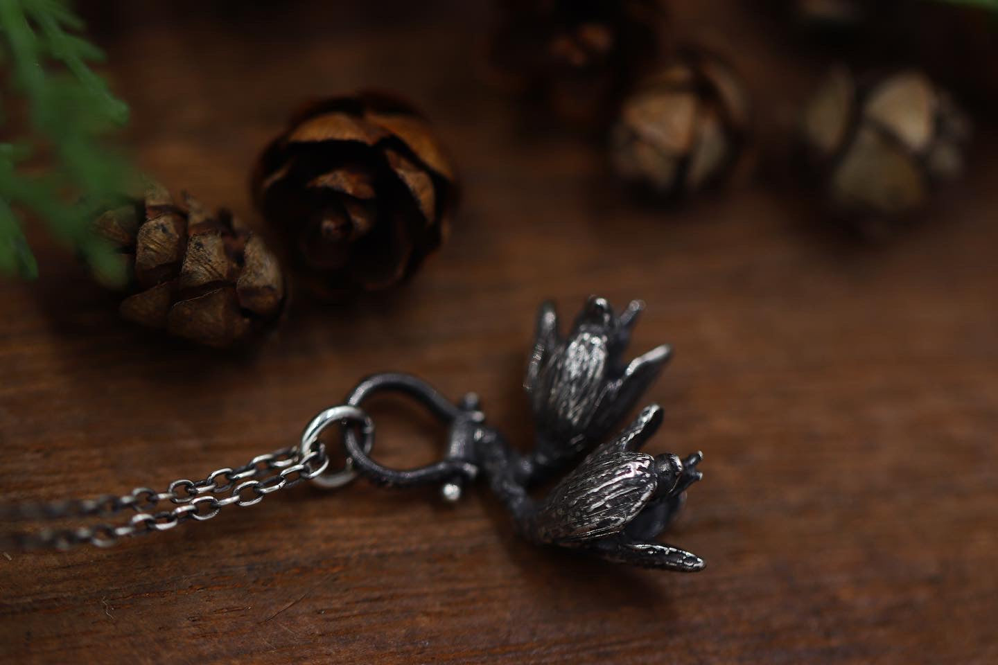 Tiny pinned solid sterling silver eastern red cedar cone necklace