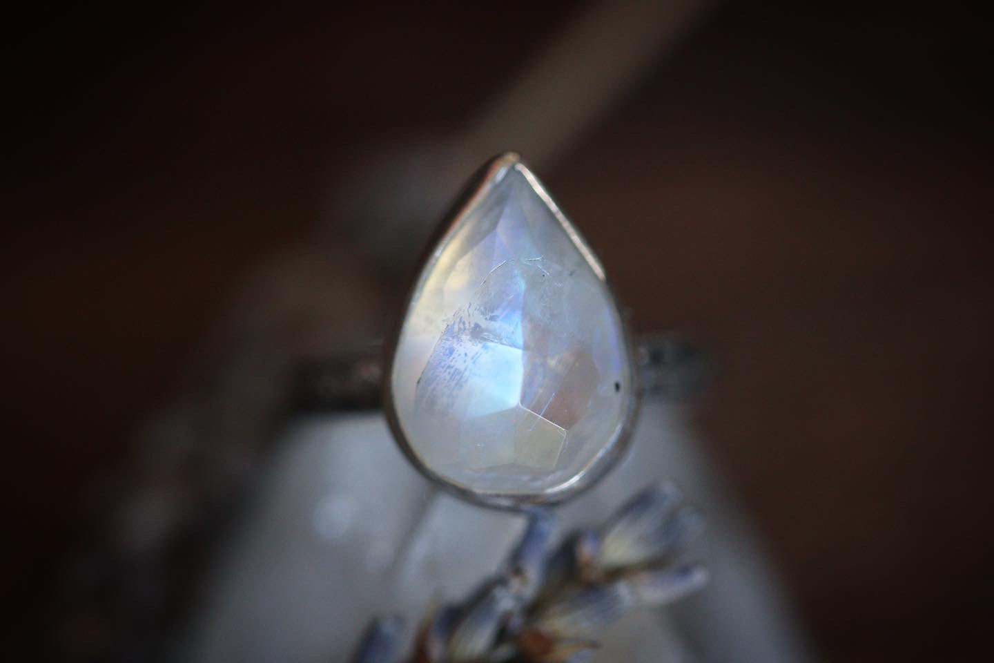 Sterling silver faceted rainbow moonstone ring US size 6.25