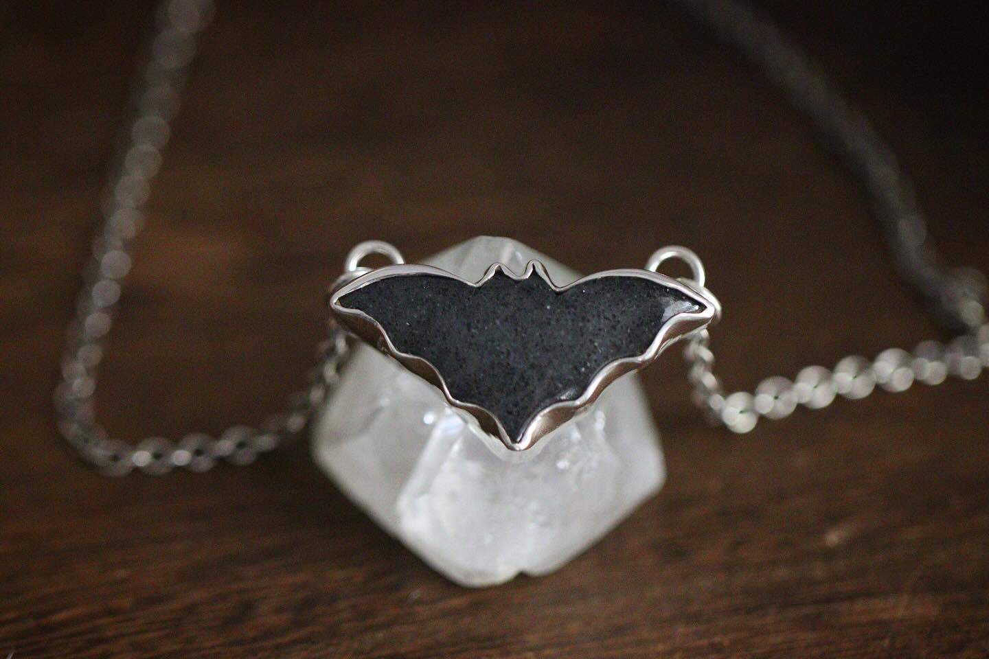 Sterling silver midnight quartz bat choker necklace