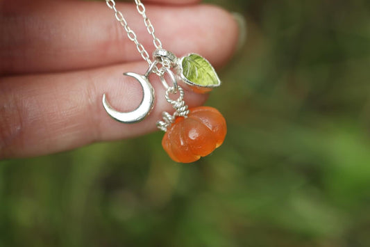 Sterling silver moon, leaf and pumpkin charm necklace