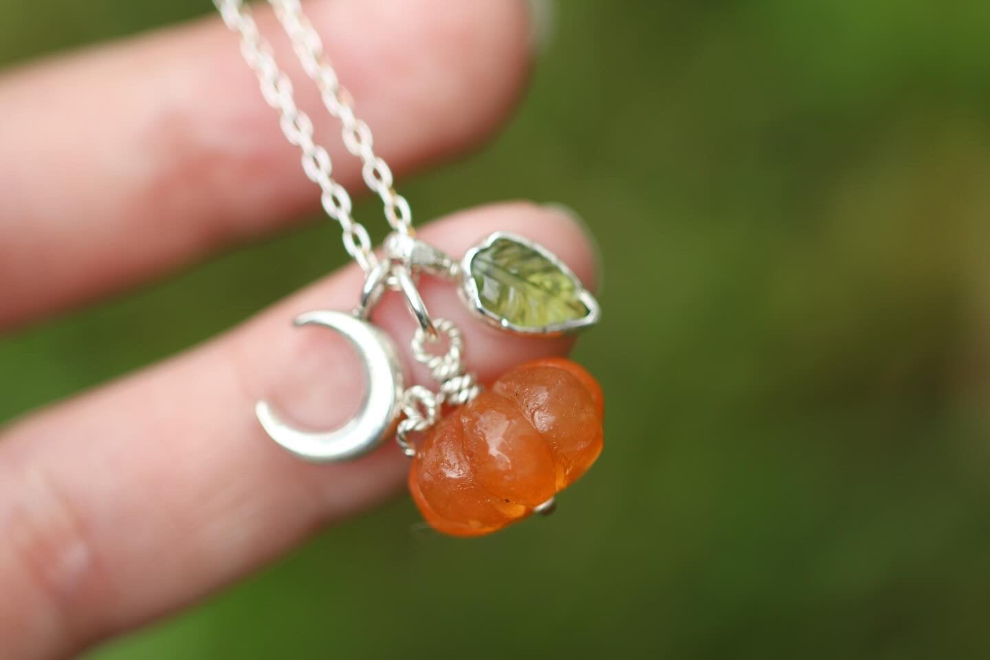 Sterling silver moon, leaf and pumpkin charm necklace