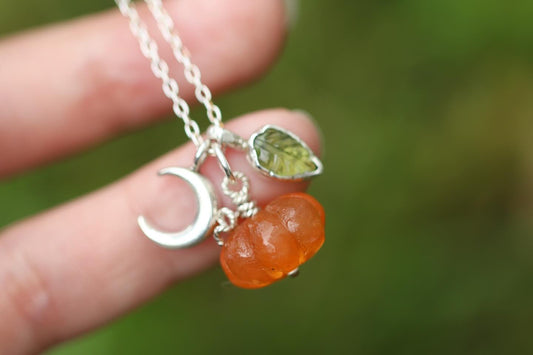 Sterling silver moon, leaf and pumpkin charm necklace