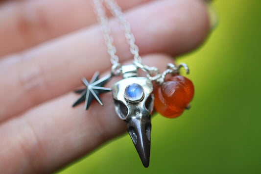 Sterling silver raven, star and carved carnelian pumpkin necklace